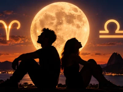 Casal sob a Lua Cheia com símbolos de Áries e Libra representando individualidade e relacionamento.