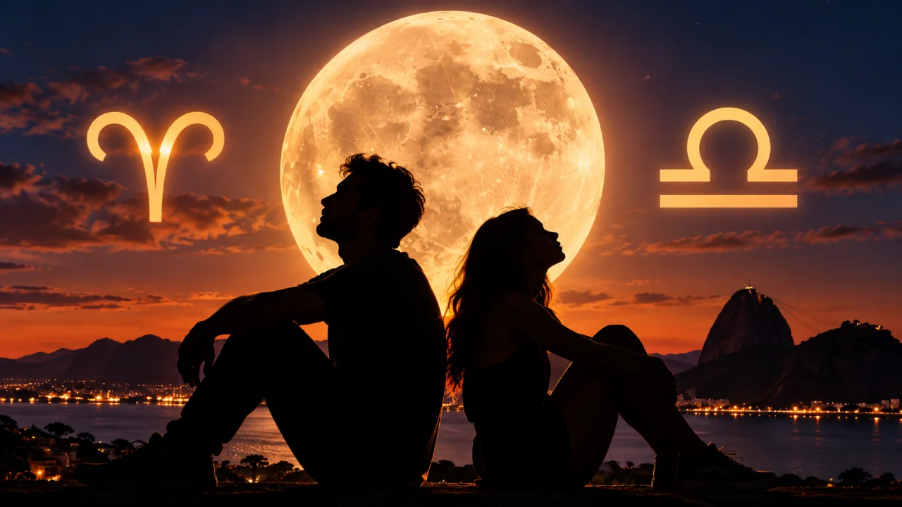Casal sob a Lua Cheia com símbolos de Áries e Libra representando individualidade e relacionamento.