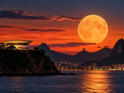 Lua Cheia nasce sobre a Baía de Guanabara, entre Niterói e Rio de Janeiro, após o pôr do Sol.