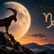 Cabra-montês sobre uma montanha diante da Lua, com o símbolo de Capricórnio destacado no céu.