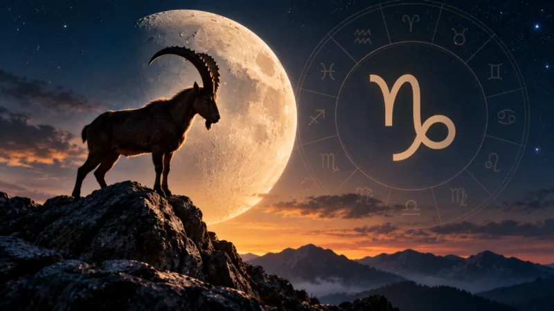 Cabra-montês sobre uma montanha diante da Lua, com o símbolo de Capricórnio destacado no céu.