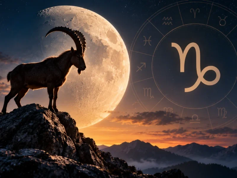 Cabra-montês sobre uma montanha diante da Lua, com o símbolo de Capricórnio destacado no céu.