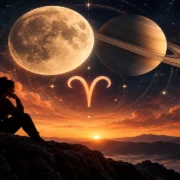 Lua e Saturno em conjunção no signo de Áries em ilustração astrológica.