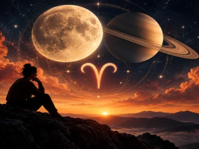 Lua e Saturno em conjunção no signo de Áries em ilustração astrológica.