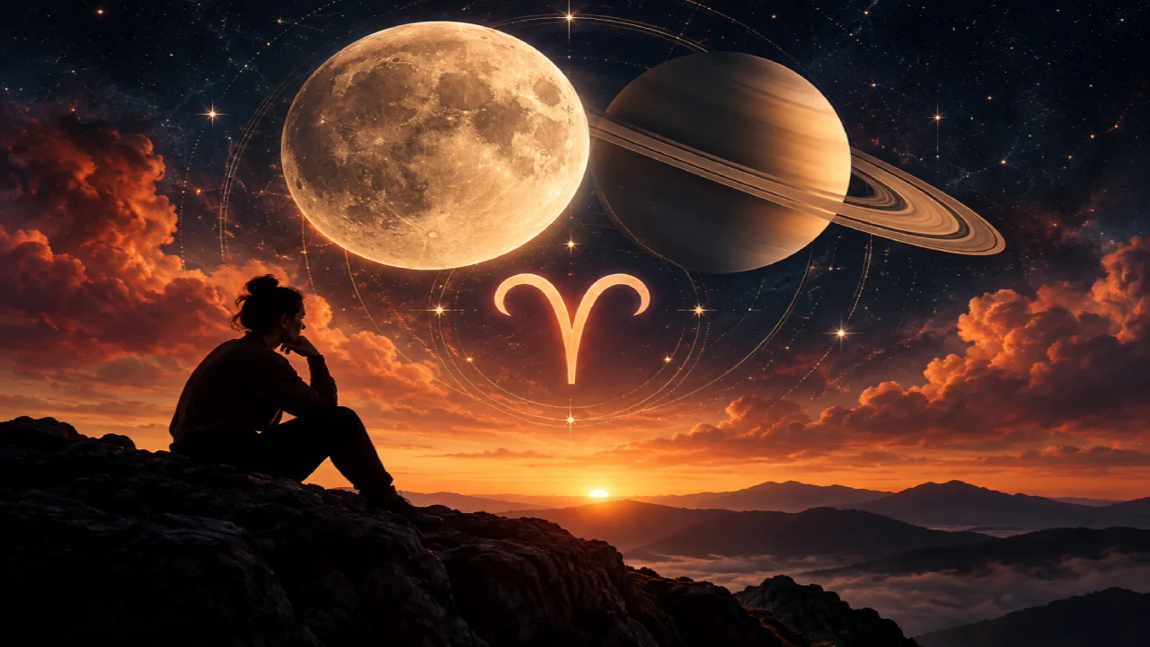 Lua e Saturno em conjunção no signo de Áries em ilustração astrológica.