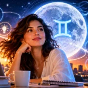 Mulher diante de notebook com Lua e símbolo de Gêmeos ao fundo em ilustração sobre comunicação, curiosidade e novidades.