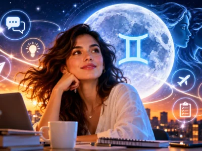 Mulher diante de notebook com Lua e símbolo de Gêmeos ao fundo em ilustração sobre comunicação, curiosidade e novidades.