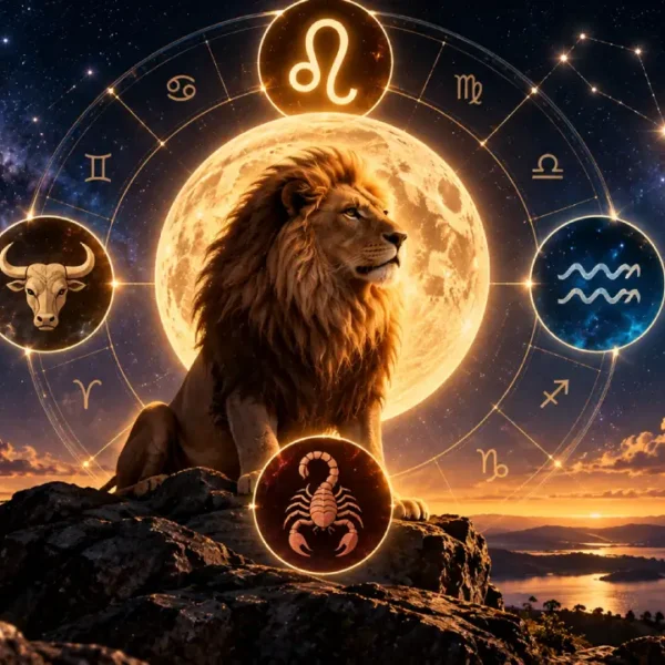 Lua em Leão com Leão, Aquário, Touro e Escorpião destacados no zodíaco