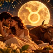 Casal em momento de intimidade com Lua, touro e símbolo de Touro em ilustração astrológica.