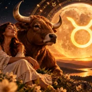 Lua em Touro representada por mulher, touro e símbolo do signo em ilustração astrológica.