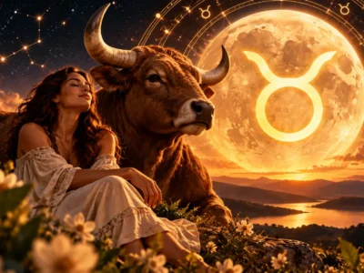 Lua em Touro representada por mulher, touro e símbolo do signo em ilustração astrológica.