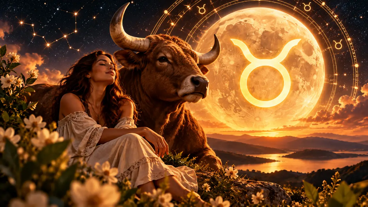 Lua em Touro representada por mulher, touro e símbolo do signo em ilustração astrológica.