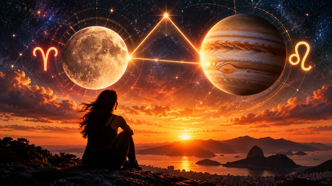 Lua em Áries e Júpiter em Leão ligados por trígono em ilustração astrológica.