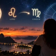 Mulher observa o céu sobre o Rio de Janeiro em ilustração da passagem da Lua de Leão para Virgem em 9 de setembro de 2026.