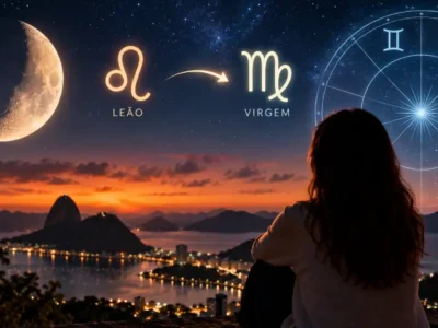 Mulher observa o céu sobre o Rio de Janeiro em ilustração da passagem da Lua de Leão para Virgem em 9 de setembro de 2026.