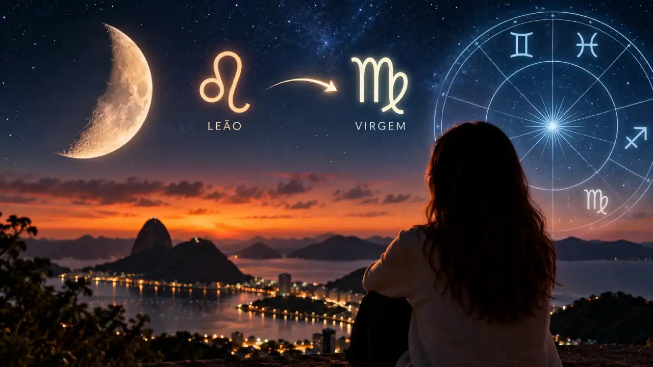 Mulher observa o céu sobre o Rio de Janeiro em ilustração da passagem da Lua de Leão para Virgem em 9 de setembro de 2026.