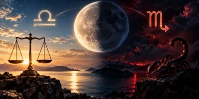 Lua entre Libra e Escorpião simboliza a mudança de signo lunar na madrugada de 14 de setembro de 2026