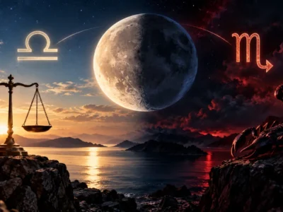 Lua entre Libra e Escorpião simboliza a mudança de signo lunar na madrugada de 14 de setembro de 2026