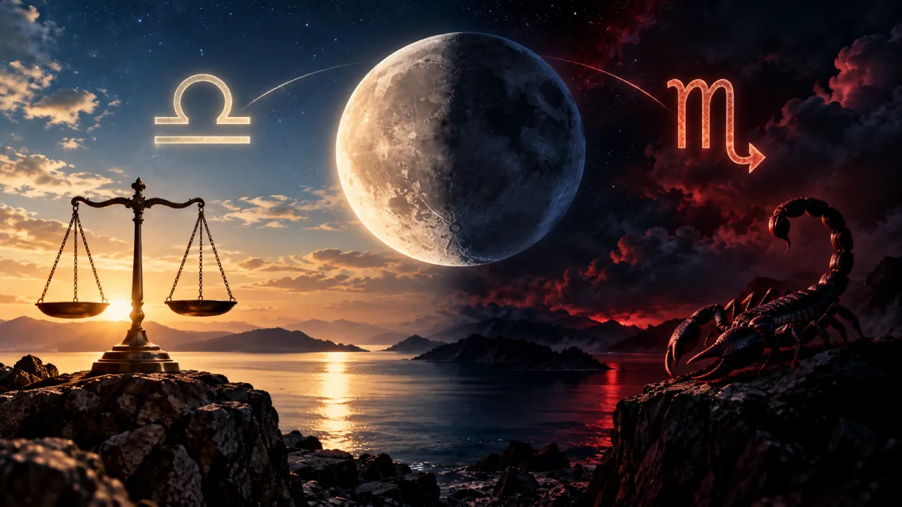 Lua entre Libra e Escorpião simboliza a mudança de signo lunar na madrugada de 14 de setembro de 2026