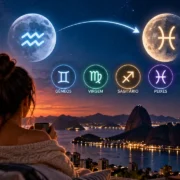 Mulher observa a transição da Lua de Aquário para Peixes, com os símbolos de Gêmeos, Virgem, Sagitário e Peixes no céu.