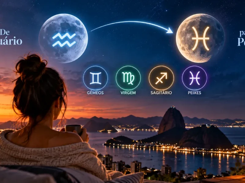 Mulher observa a transição da Lua de Aquário para Peixes, com os símbolos de Gêmeos, Virgem, Sagitário e Peixes no céu.