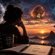 Mulher observa o horizonte sob Lua em Escorpião, com símbolos de Escorpião, Leão e Câncer e referências a escolhas conscientes