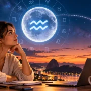 Mulher observa representação da Lua em Aquário antes da entrada em Peixes, com paisagem do Rio de Janeiro ao entardecer.