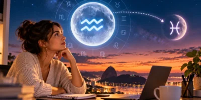 Mulher observa representação da Lua em Aquário antes da entrada em Peixes, com paisagem do Rio de Janeiro ao entardecer.
