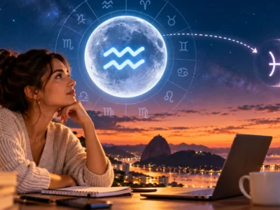 Mulher observa representação da Lua em Aquário antes da entrada em Peixes, com paisagem do Rio de Janeiro ao entardecer.