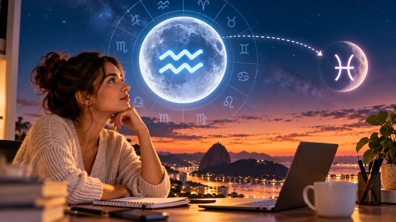 Mulher observa representação da Lua em Aquário antes da entrada em Peixes, com paisagem do Rio de Janeiro ao entardecer. Mulher observa representação da Lua em Aquário antes da entrada em Peixes, com paisagem do Rio de Janeiro ao entardecer.