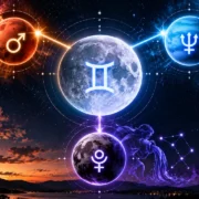 Lua em Gêmeos conectada a Marte em Leão, Netuno em Áries e Plutão em Aquário em ilustração astrológica.