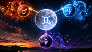 Lua em Gêmeos conectada a Marte em Leão, Netuno em Áries e Plutão em Aquário em ilustração astrológica.