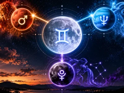 Lua em Gêmeos conectada a Marte em Leão, Netuno em Áries e Plutão em Aquário em ilustração astrológica.