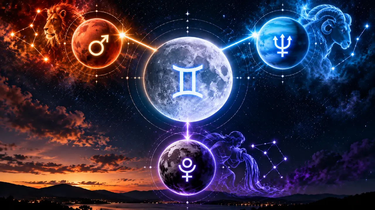 Lua em Gêmeos conectada a Marte em Leão, Netuno em Áries e Plutão em Aquário em ilustração astrológica. Lua em Gêmeos conectada a Marte em Leão, Netuno em Áries e Plutão em Aquário em ilustração astrológica.