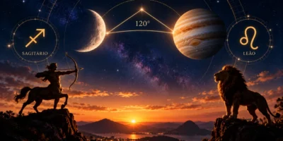 Lua e Júpiter aparecem ligados por um ângulo de 120 graus entre os símbolos de Sagitário e Leão.