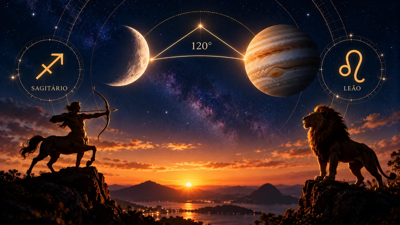 Lua e Júpiter aparecem ligados por um ângulo de 120 graus entre os símbolos de Sagitário e Leão.