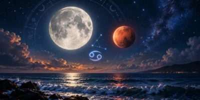 Lua e Marte em Câncer sobre céu estrelado no horóscopo de 6 de setembro de 2026