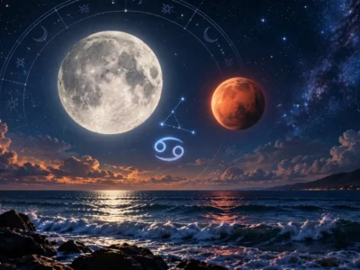 Lua e Marte em Câncer sobre céu estrelado no horóscopo de 6 de setembro de 2026