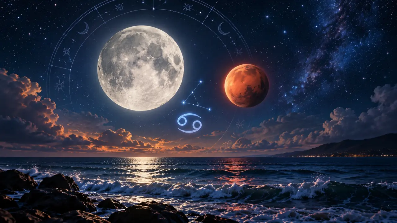 Lua e Marte em Câncer sobre céu estrelado no horóscopo de 6 de setembro de 2026
