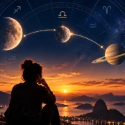 Pessoa observa o horizonte sob céu estrelado com Lua, planetas e elementos de um mapa astrológico.