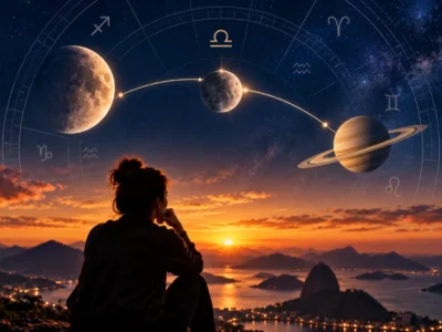 Pessoa observa o horizonte sob céu estrelado com Lua, planetas e elementos de um mapa astrológico.