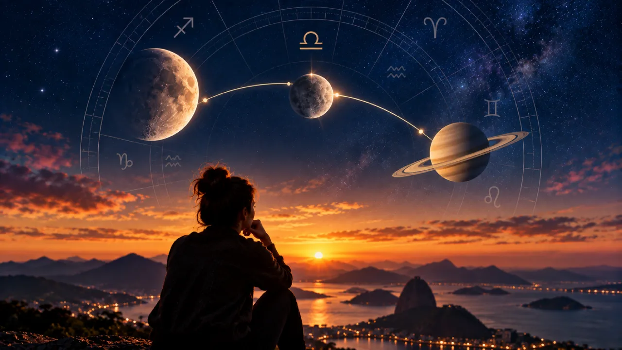 Pessoa observa o horizonte sob céu estrelado com Lua, planetas e elementos de um mapa astrológico.