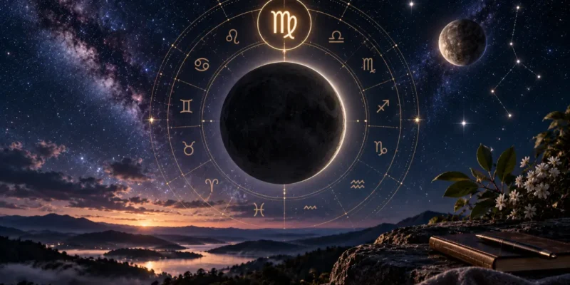 Lua Nova em Virgem de setembro de 2026 com roda zodiacal