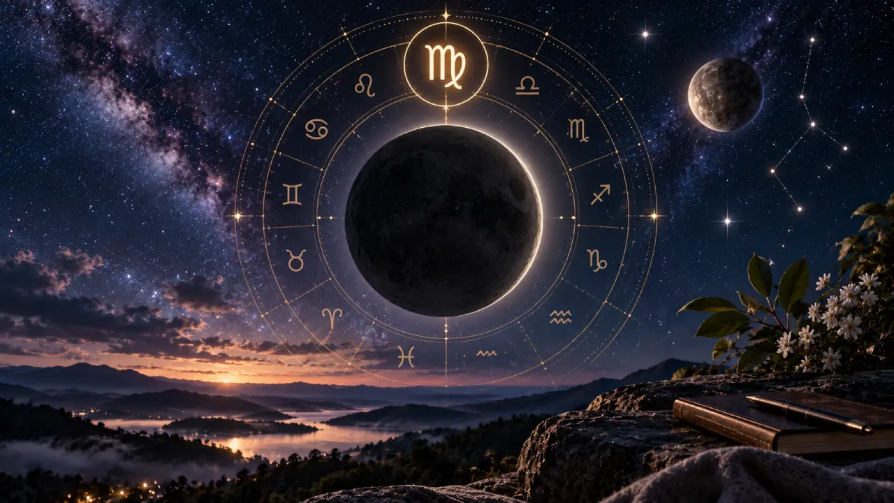 Lua Nova em Virgem de setembro de 2026 com roda zodiacal Lua Nova em Virgem de setembro de 2026 com roda zodiacal