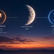 Lua aparece entre os símbolos de Sagitário e Gêmeos, representando a oposição de 180 graus que marca o fim desta quarta-feira.