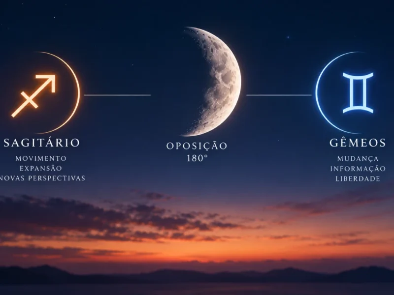 Lua aparece entre os símbolos de Sagitário e Gêmeos, representando a oposição de 180 graus que marca o fim desta quarta-feira.