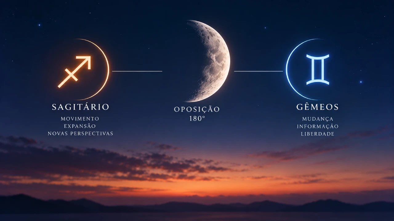 Lua aparece entre os símbolos de Sagitário e Gêmeos, representando a oposição de 180 graus que marca o fim desta quarta-feira.