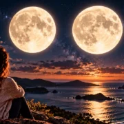 Mulher observa duas luas quase idênticas sobre paisagem litorânea, representando a Lua crescente gibosa e a Lua Cheia.