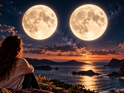 Mulher observa duas luas quase idênticas sobre paisagem litorânea, representando a Lua crescente gibosa e a Lua Cheia.