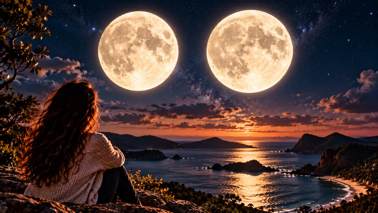 Mulher observa duas luas quase idênticas sobre paisagem litorânea, representando a Lua crescente gibosa e a Lua Cheia. Mulher observa duas luas quase idênticas sobre paisagem litorânea, representando a Lua crescente gibosa e a Lua Cheia.